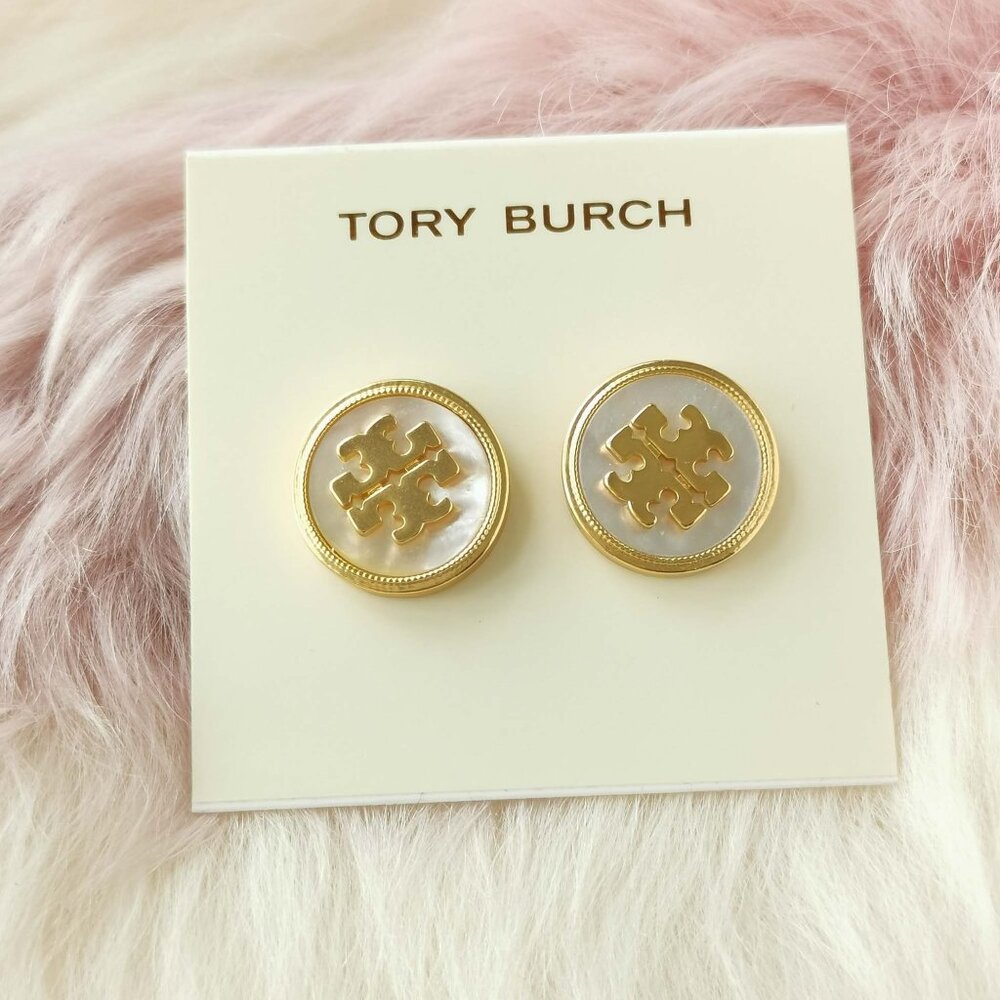 Tory Burch Gold Semi-Precious Logo Mother Of Pearl Stud Earrings